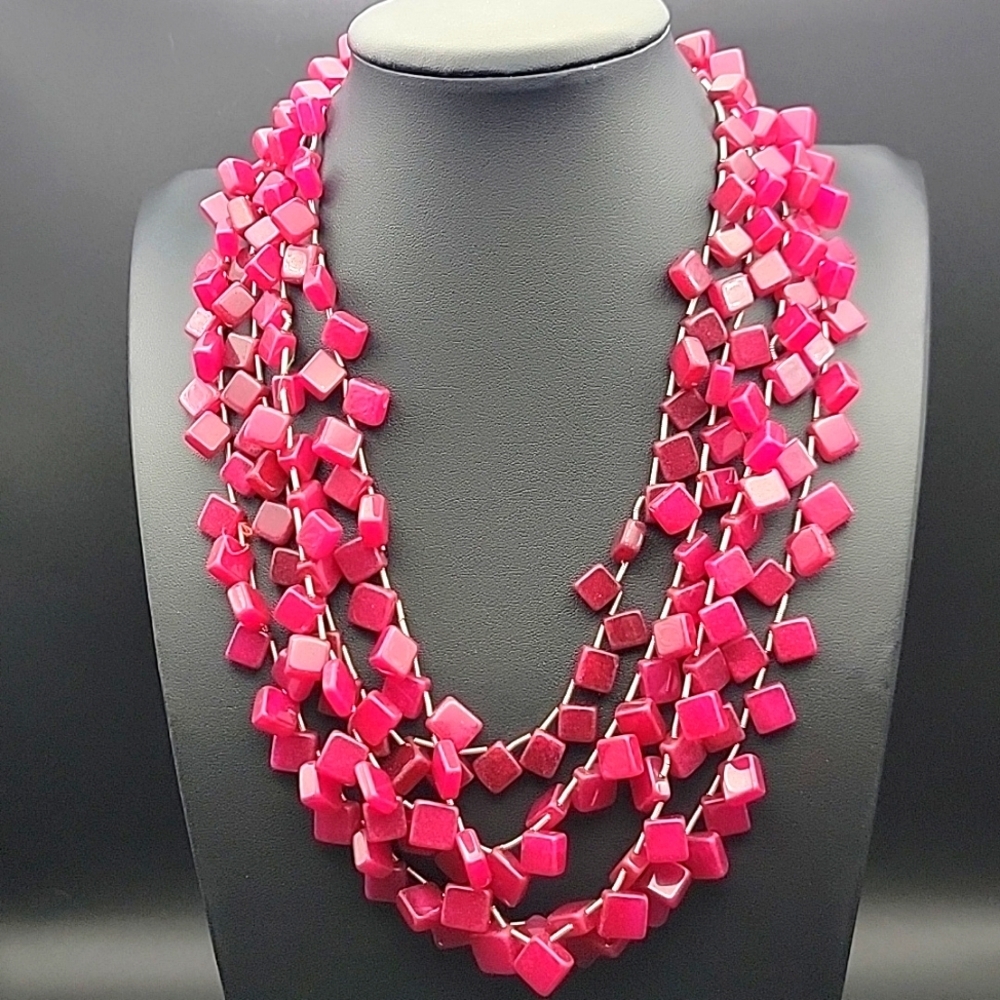 4 Strand 874.00 Cts Red Ruby Square Cube Necklace… - image 1